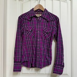 Back Number Slim Fit Purple Plaid Western Flannel shirt with Pearlized Snaps. L